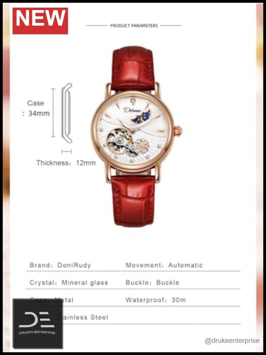 34mm Automatic Skeleton Watch with Moon Phase, Mother of Pearl Dial, Genuine